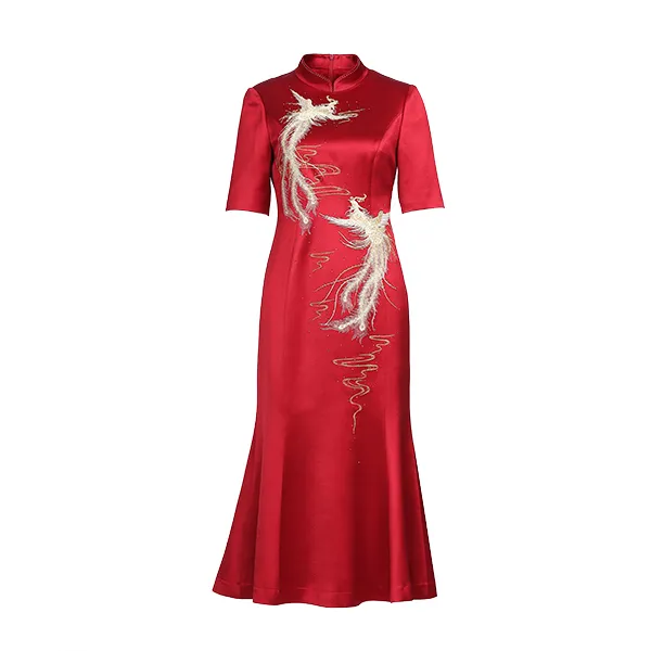 禧上加囍17972酒红色鱼尾刺绣旗袍婚礼高贵气质订婚礼服婚宴宴会