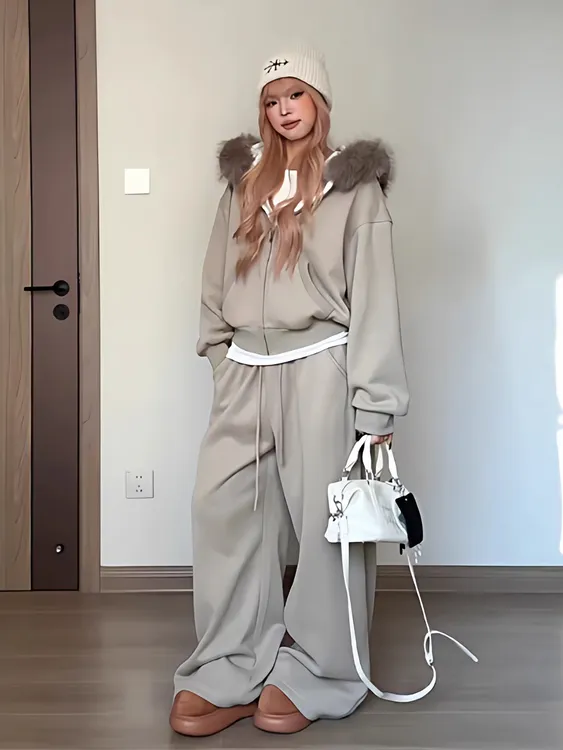 慵懒风时髦休闲运动套装女秋冬季韩系毛领连帽外套阔腿长裤两件套