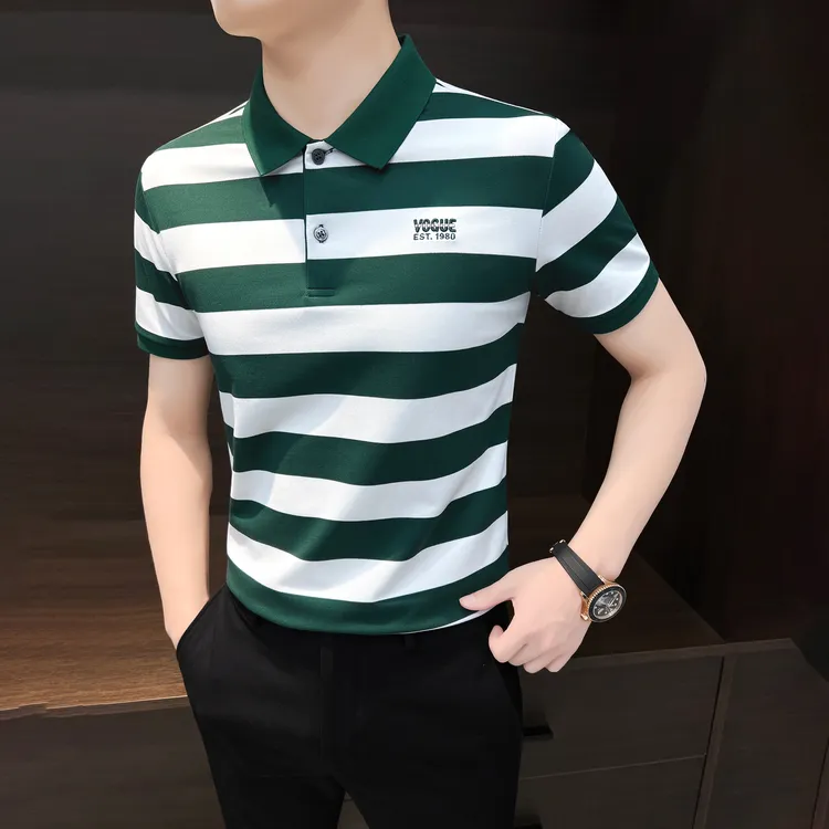 男款短袖条纹polo衫痞帅高级感百搭潮牌时尚潮流男装翻领男士t恤
