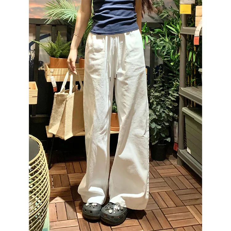 白色阔腿裤女2025夏季薄款松紧腰竹节棉麻裤宽松显瘦百搭直筒长裤