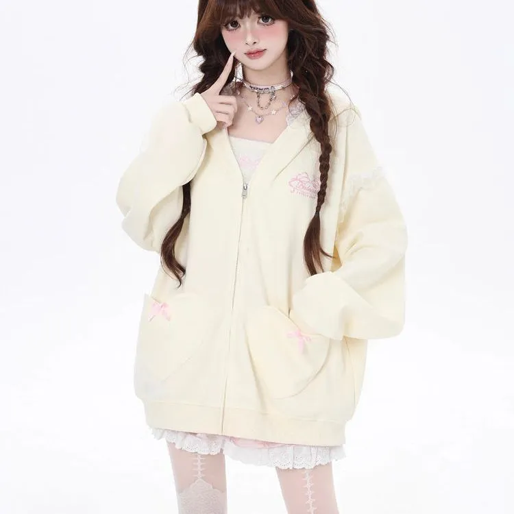 甜美可爱刺绣兔耳花边连帽开衫卫衣女休闲宽松ins超火的外套上衣