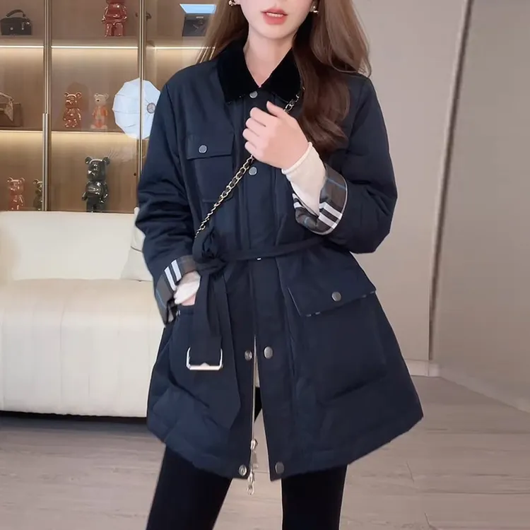 -“费尔午逅”羊驼毛棉服格纹腰带款显瘦棉服-WT100503