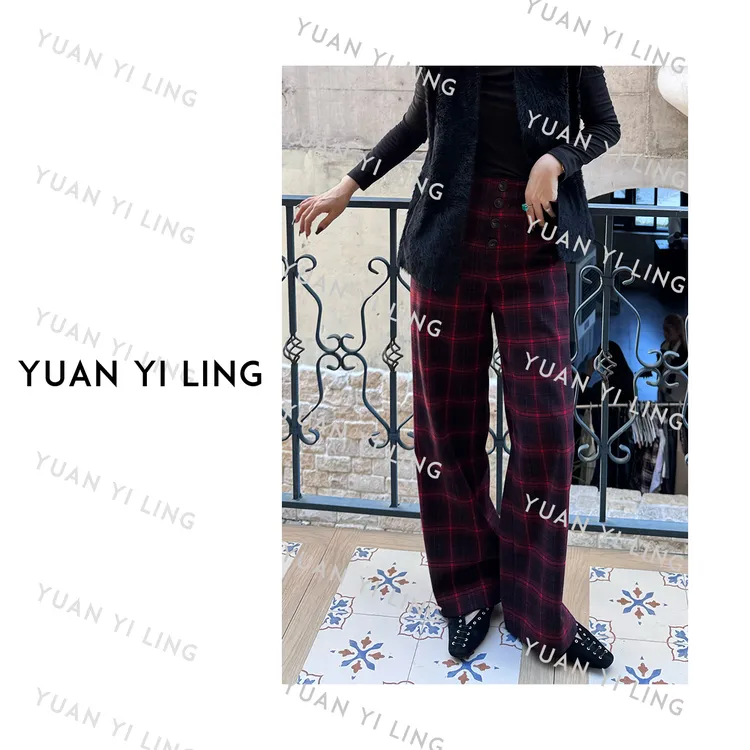 袁艺灵【慵懒主义】100超细羊毛设计感显瘦百搭格纹长裤9098