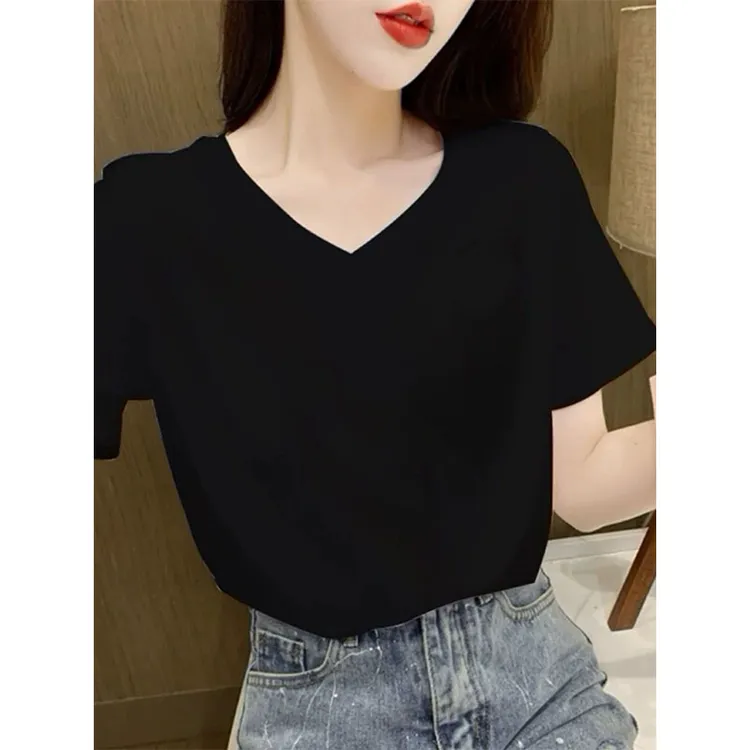 夏季新款V领正肩纯色短袖T恤女韩版时尚百搭减龄显瘦黑色打底上衣