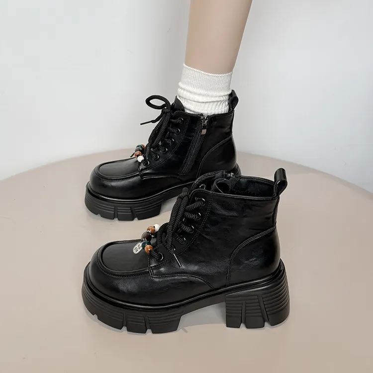 加绒厚底马丁靴女款2025新款秋冬英伦风小个子爆款短靴黑色女靴子