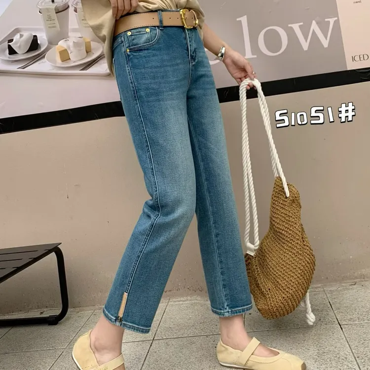 蓝色Z51051高腰修身显瘦弹力底脚一侧装饰烟管牛仔裤无腰带