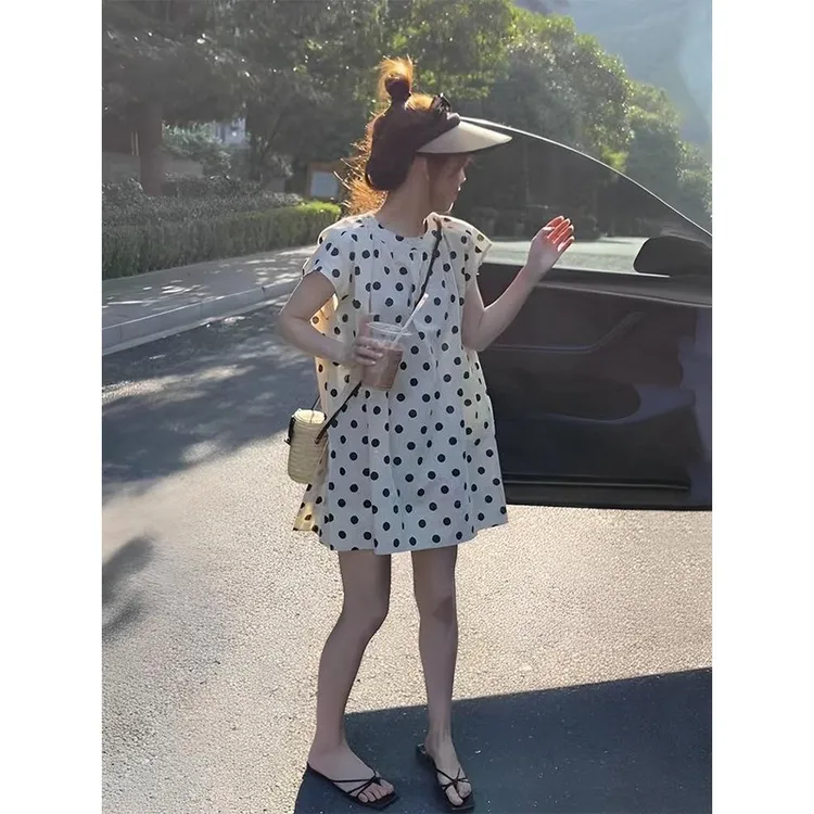 大码斤中长款波点连衣裙夏季韩版爆款宽松遮肚显瘦百搭中裙子