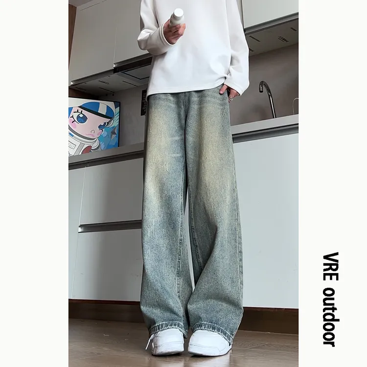美式复古水洗做旧牛仔裤男款秋季2025新款潮牌宽松直筒阔腿长裤子