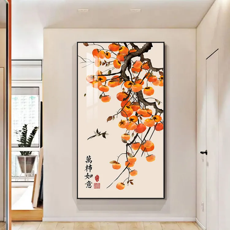福鹿生辉玄关装饰画现代轻奢柿柿如意挂画高档大气入户门竖版壁画