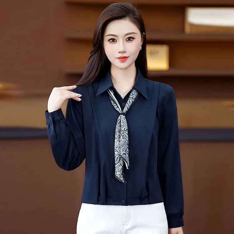 拉夏贝尔时尚丝巾衬衫女2025秋季新款宽松百搭显瘦小个子长袖上衣