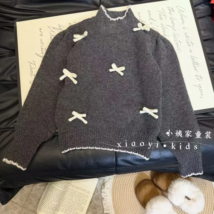 【新款女童2025】秋冬款女童韩系立体蝴蝶结加厚保暖针织毛衣套头款