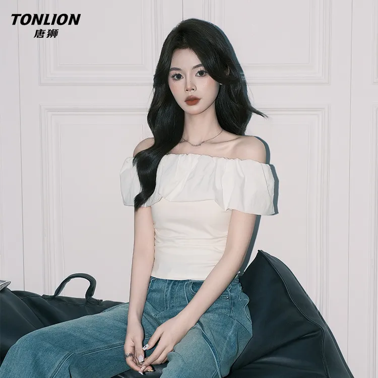 唐狮超好看白色一字肩修身显瘦小衫上衣女2025夏纯欲短袖露肩上衣