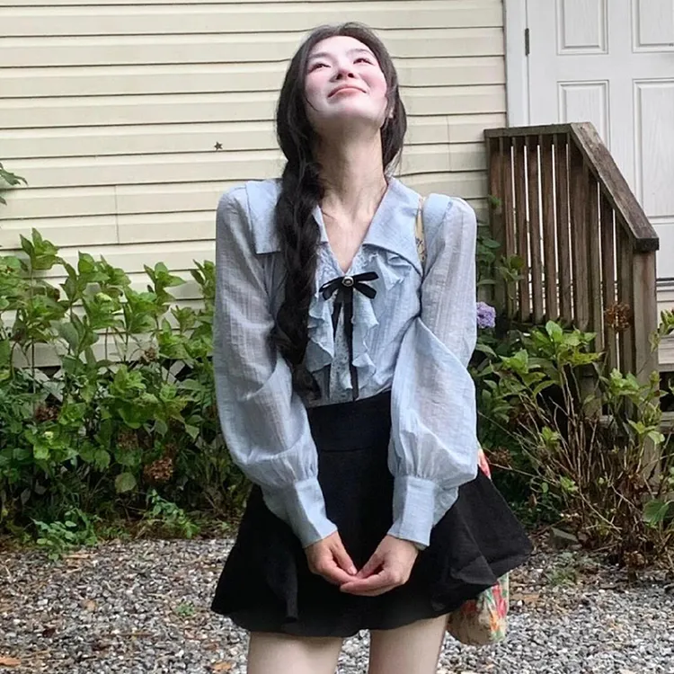 法式荷叶边衬衫2025春季韩系设计感百搭休闲长袖蝴蝶结上衣D0334