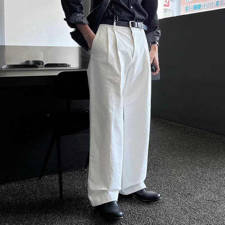 SSUMENAM「高品质」直筒双褶休闲裤男春夏宽松长裤子阔腿白色西裤