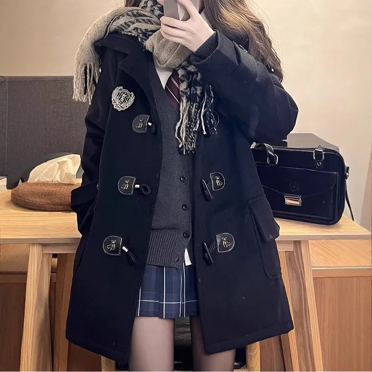 450克冬季学院风牛角扣大衣外套秋冬黑色女毛呢大衣中长款JK制服