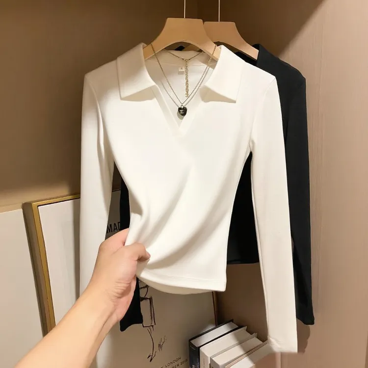 2025新款春秋季长袖打底衫女白色POLO领休闲气质翻领修身T恤上衣