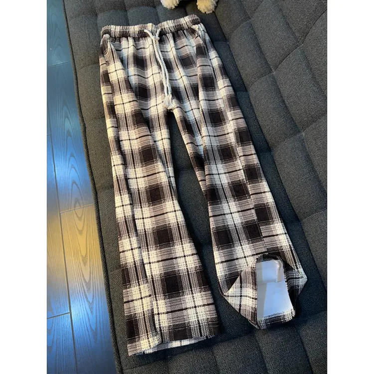 美式vintage黑白格子裤子男秋冬加厚雪尼尔阔腿裤慵懒风情侣卫裤