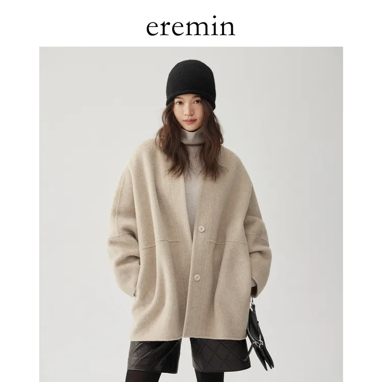 DE Mincollection米驼大衣/无领慵懒一手长羊毛双面呢大衣56170