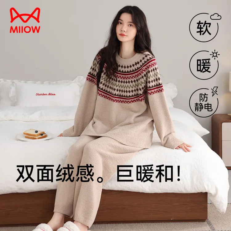 猫人冬季睡衣女珊瑚绒长袖加厚保暖半边绒复古休闲家居服两件套装