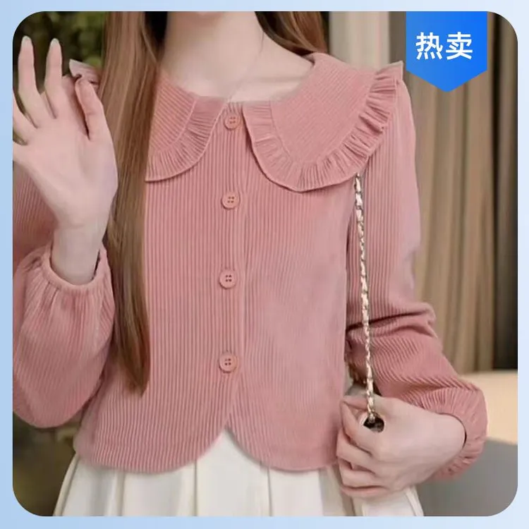 时尚新款娃娃领时尚长袖衬衫短款秋冬设计新款洋气时时尚新款好看