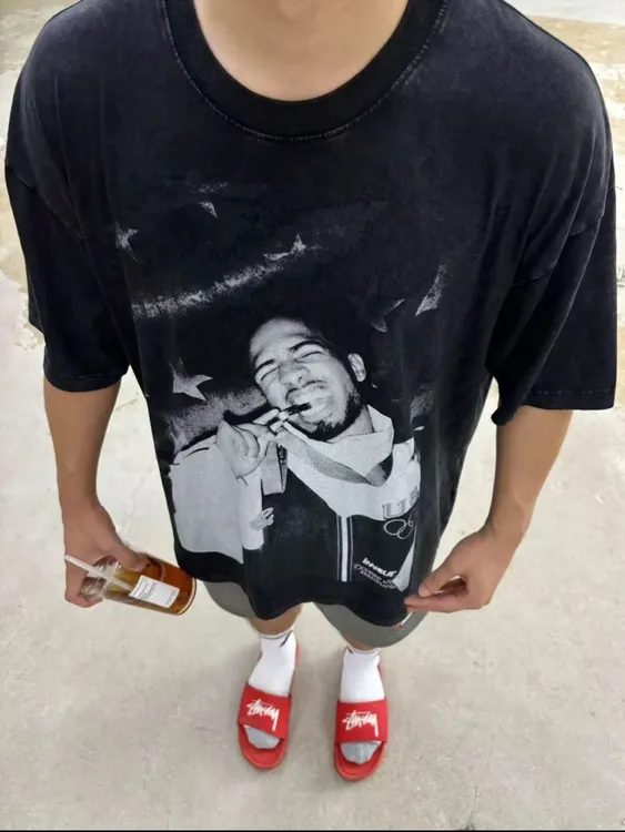 哈利伯顿潮牌印花美式宽松重磅休闲圆领纯棉街头直喷印花短袖T恤