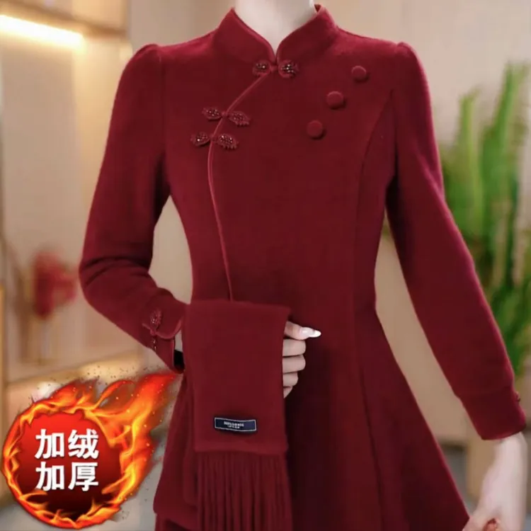 新中式加绒加厚改良版围巾旗袍连衣裙2024秋冬新款显瘦减龄修身裙