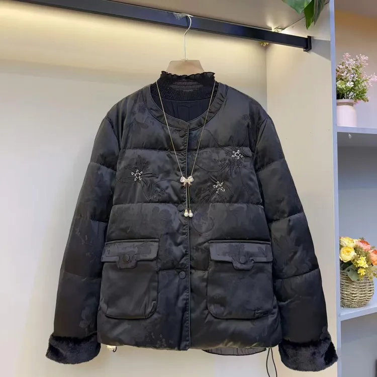 冬季新款新中式圆领刺绣盘扣加棉保暖显瘦百搭国风外套