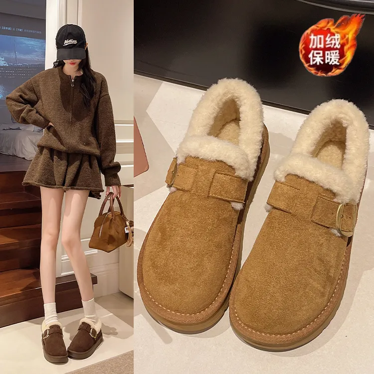 加绒勃肯鞋女款2025新款爆款显脚小真皮防水时尚平跟防滑休闲棉鞋