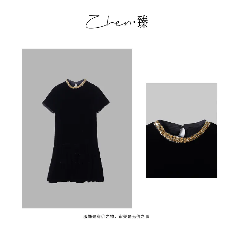 ZHEN.臻 法式奢华金领亮片设计时装周款真丝丝绒连衣裙LYQ8498Z