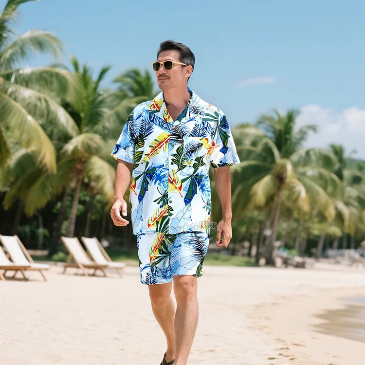 海南岛服三亚旅游短袖时尚加大西装领胖子衬衫大码夏海边度假男装