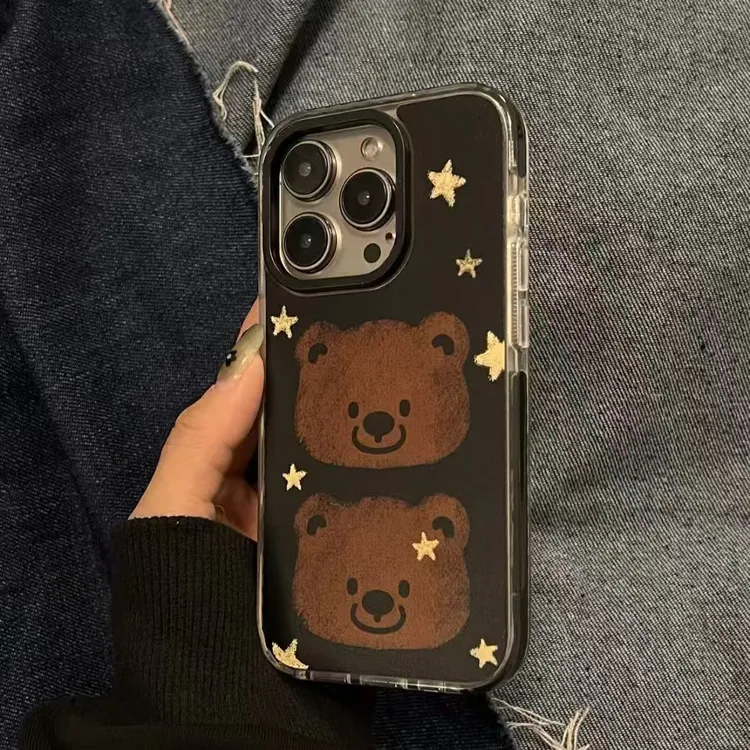 两只可爱小熊星星适用苹果16Promax圈圈手机壳iPhone15卡通14防摔