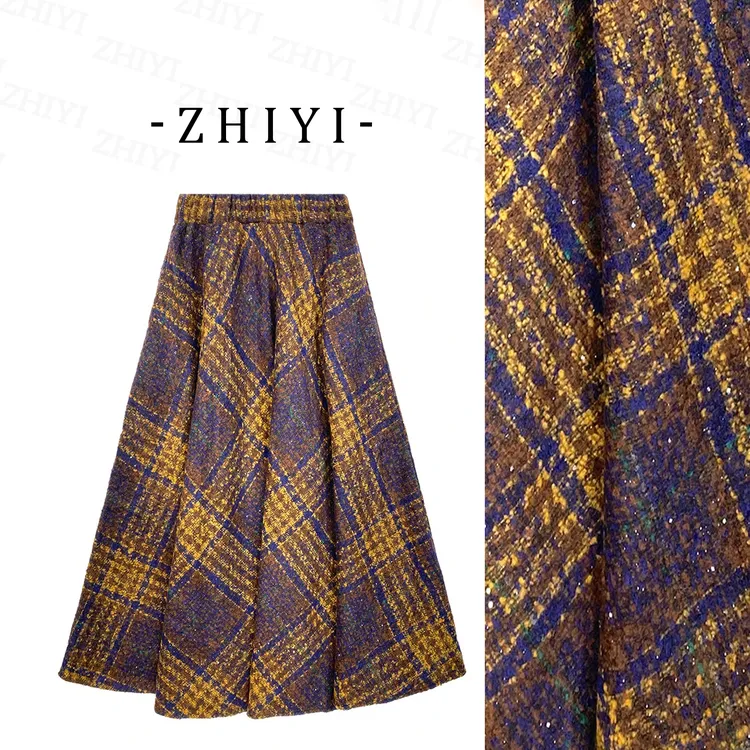 【二个裙长+有口袋】2025秋冬经典毛呢格纹洒银半身裙高腰显瘦A字裙