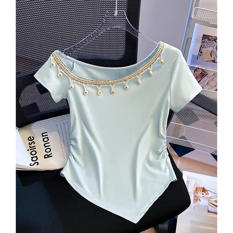 韩系一字领露肩夏季新款设计感流苏不规则辣妹短袖T恤女气质小衫
