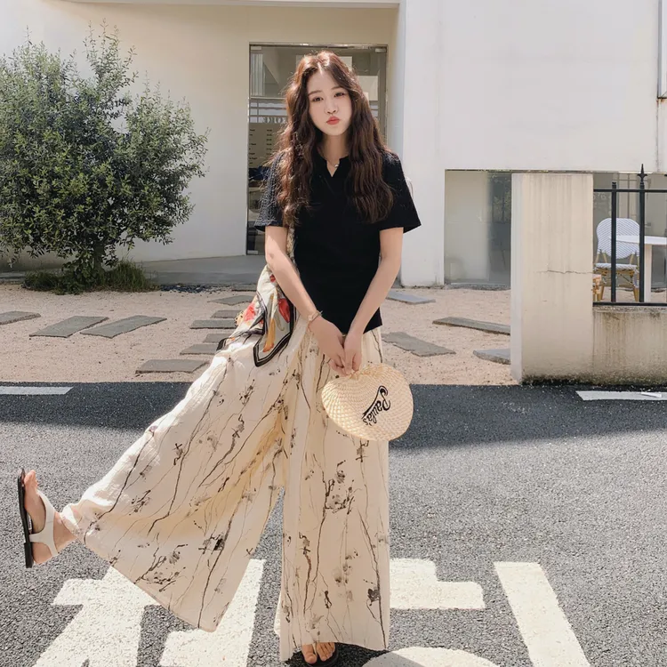 新中式国风水墨画套装裤女2025年夏季新款松弛感黑T阔腿裤两件套