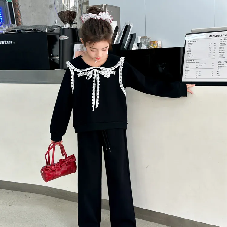 女童春秋款洋气花边套装2005新款时尚儿童春装森系海军领两件套