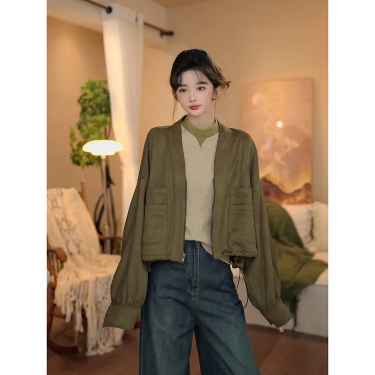 余紫绮【竹影斜】时尚百搭休闲显瘦麂皮宽松外套女ZS1116223