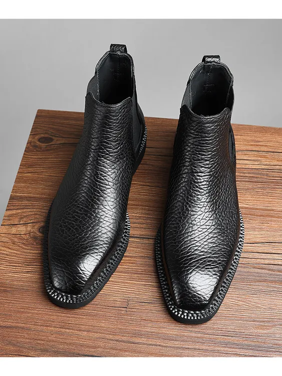 秋冬高品质真皮手工鞋压花蛇纹切尔西靴牛皮商务休闲工装皮靴男潮