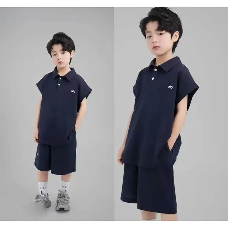 2025夏季新款藏青色儿童短袖男女童时尚休闲运动两件套潮