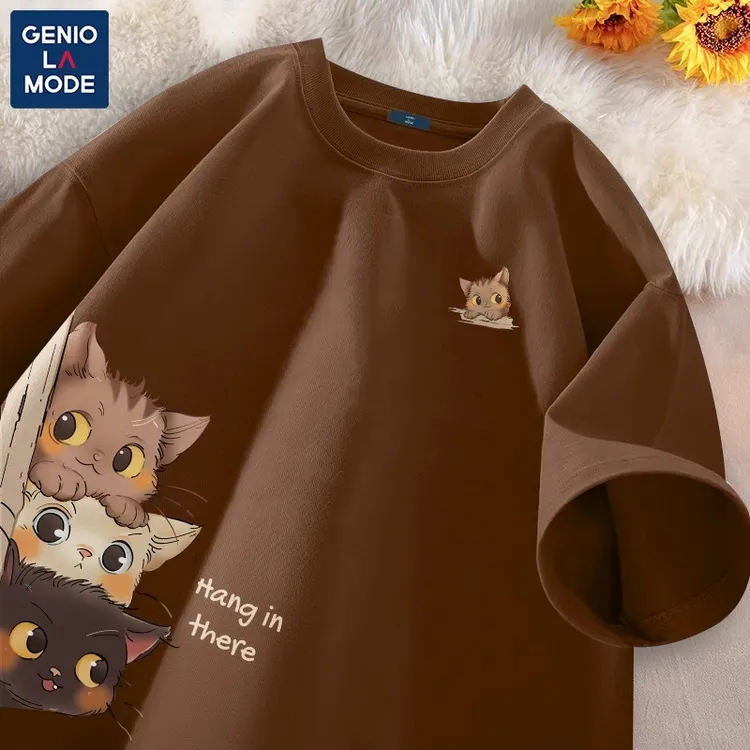 GENIOLAMODE咖色猫咪短袖t恤男夏季情侣同款纯棉百搭微落肩上衣服