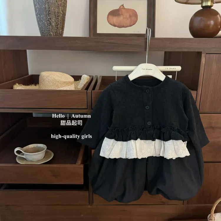 【甜品起司】森系美学！女宝宝花边长袖灰色呢子灯笼裤洋气时髦套装