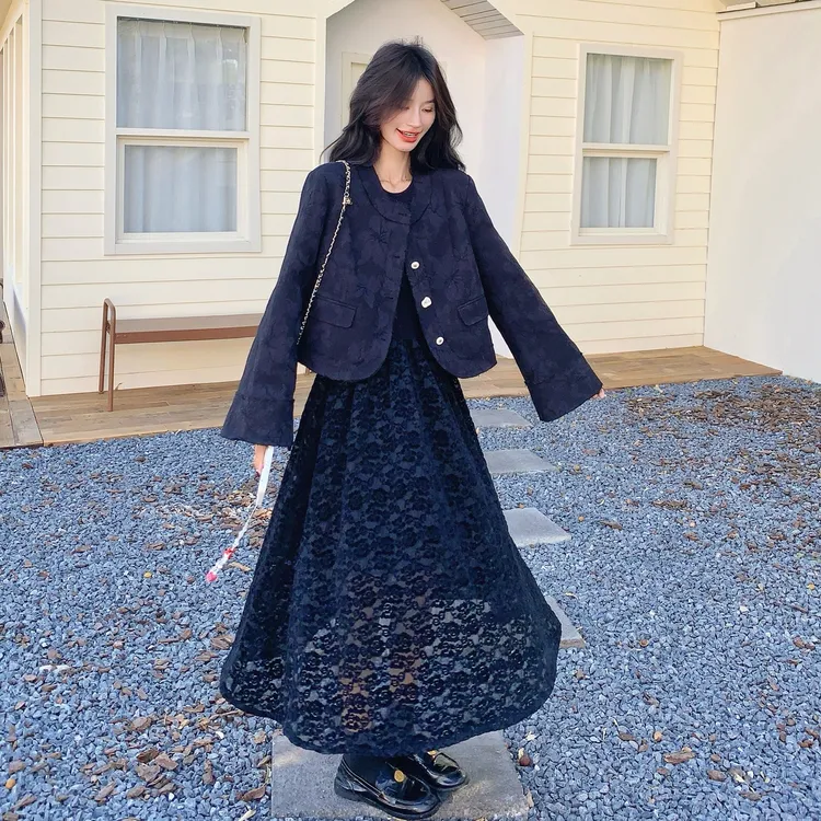 氛围感名媛千金风套装裙女2025秋季新款国风提花外套连衣裙两件套