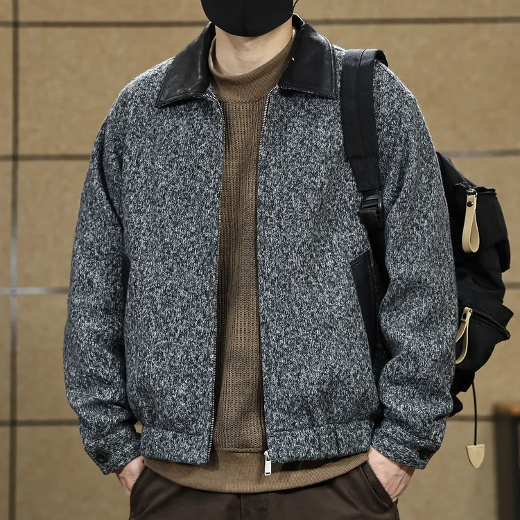 重磅提花翻领呢子外套男士春秋款潮牌上衣服宽松大码休闲夹克男