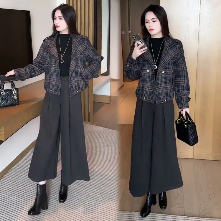 格纹短外套女2025秋季新款时髦洋气宽松显瘦小个子短款加厚夹克潮