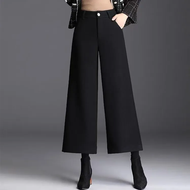 黑色休闲裤毛呢秋冬休闲大码裤子阔腿裤高腰直筒裤