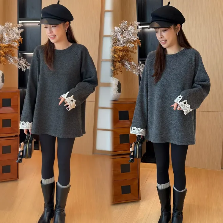 二姐的宝藏秋冬圆领休闲百搭袖口拼接蕾丝长袖加绒卫衣#25418