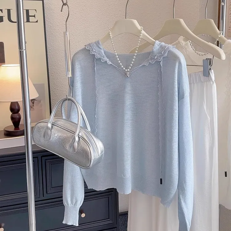 超好看独特小众蕾丝连帽薄款针织罩衫女春夏韩系长袖百搭T恤上衣