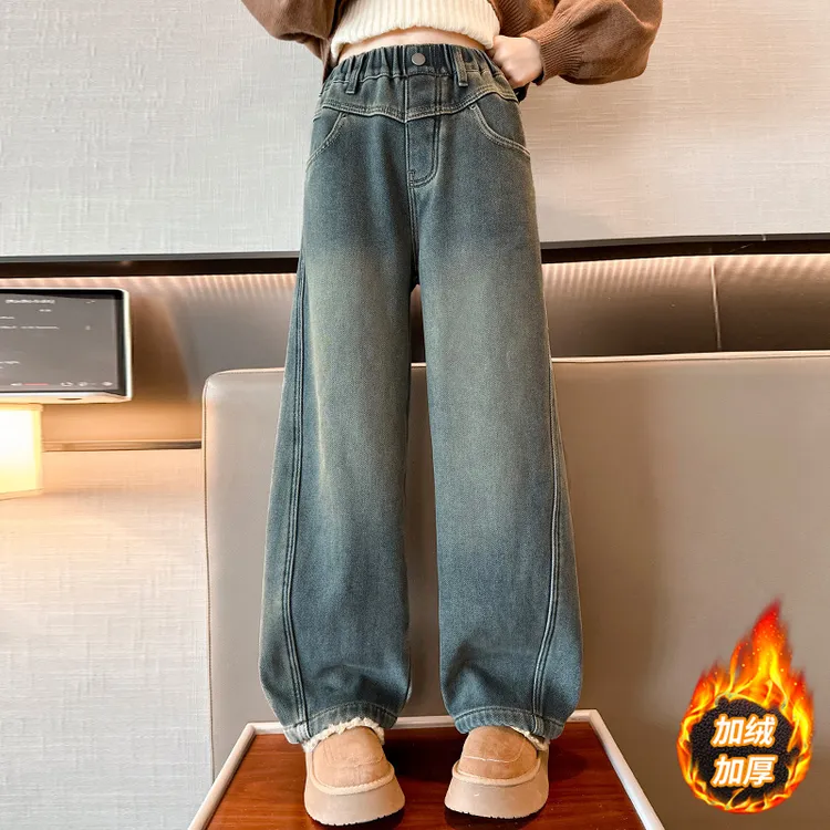 中大女童加绒牛仔阔腿裤秋冬2025新款儿童时髦加厚一体绒直筒裤潮