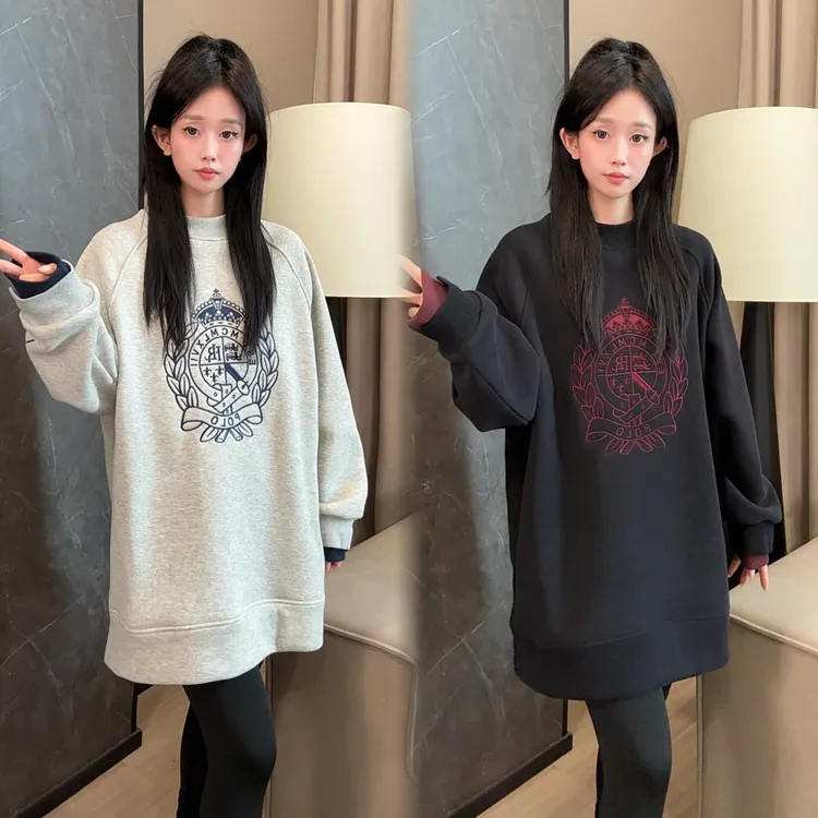 二姐的宝藏冬季刺绣【皇冠】假两件慵懒风中长款圆领卫衣 #25495