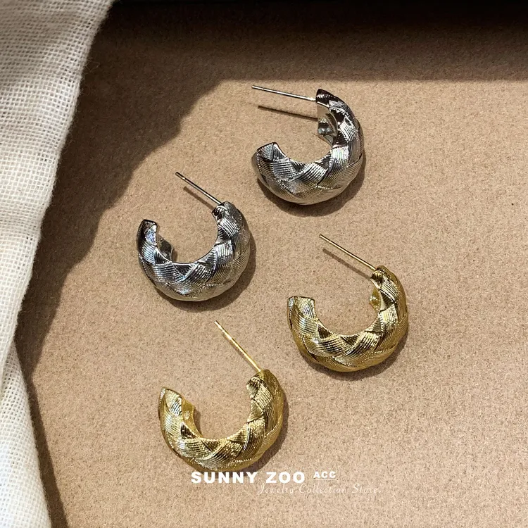 铜合金耳饰 丝线藤曼 手工编织拉丝纹理耳钉小众重工设计感耳饰