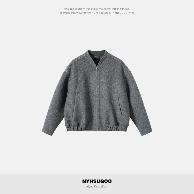 NYHSUGOO/南乙秋冬绵羊毛手工珠边拱针设计无领夹克53997男士外套